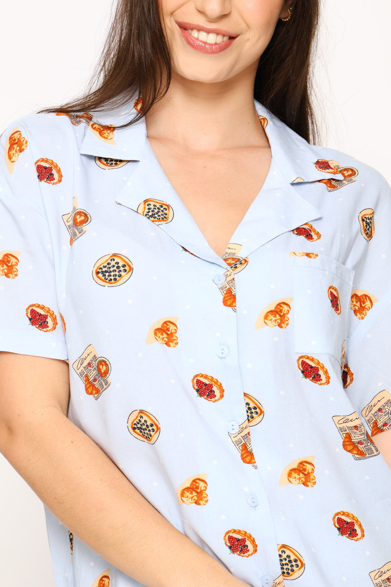 Vaycay Button Through Short Set & Scrunchie - Light Blue