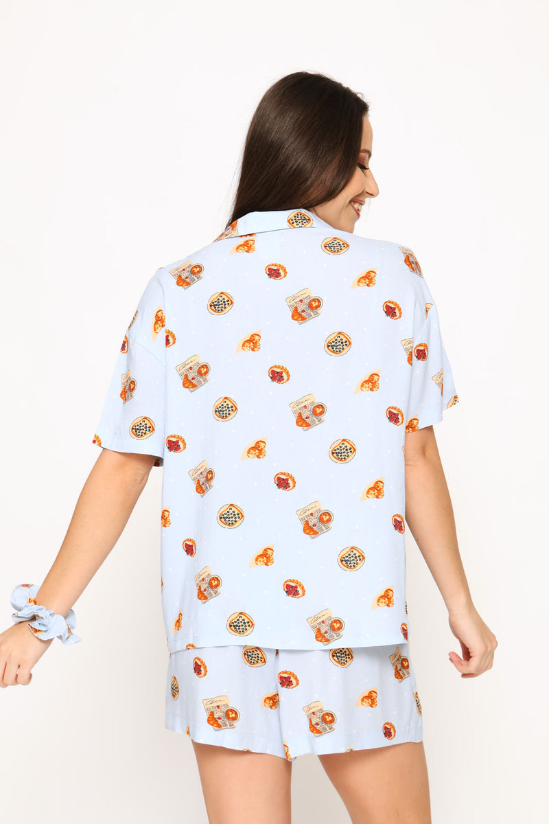 Vaycay Button Through Short Set & Scrunchie - Light Blue