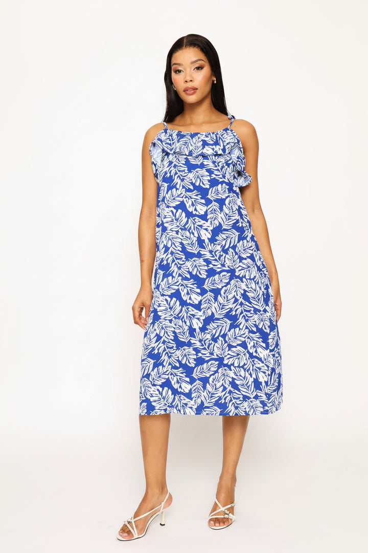 Strappy Tie Frill Neck Shift Midi Dress - Cobalt/White