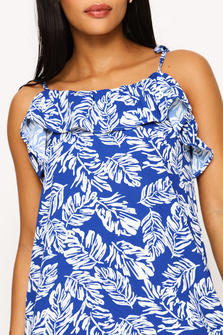 Strappy Tie Frill Neck Shift Midi Dress - Cobalt/White