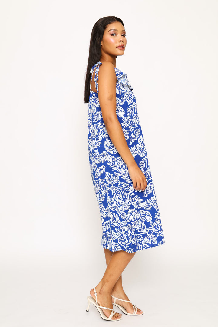 Strappy Tie Frill Neck Shift Midi Dress - Cobalt/White