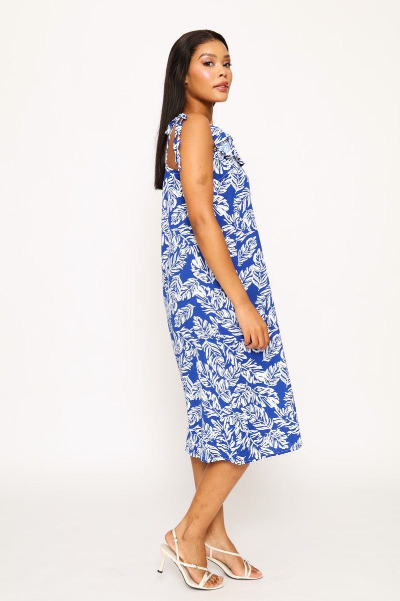 Strappy Tie Frill Neck Shift Midi Dress - Cobalt/White
