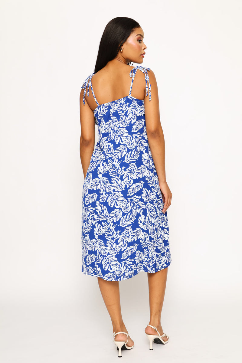 Strappy Tie Frill Neck Shift Midi Dress - Cobalt/White