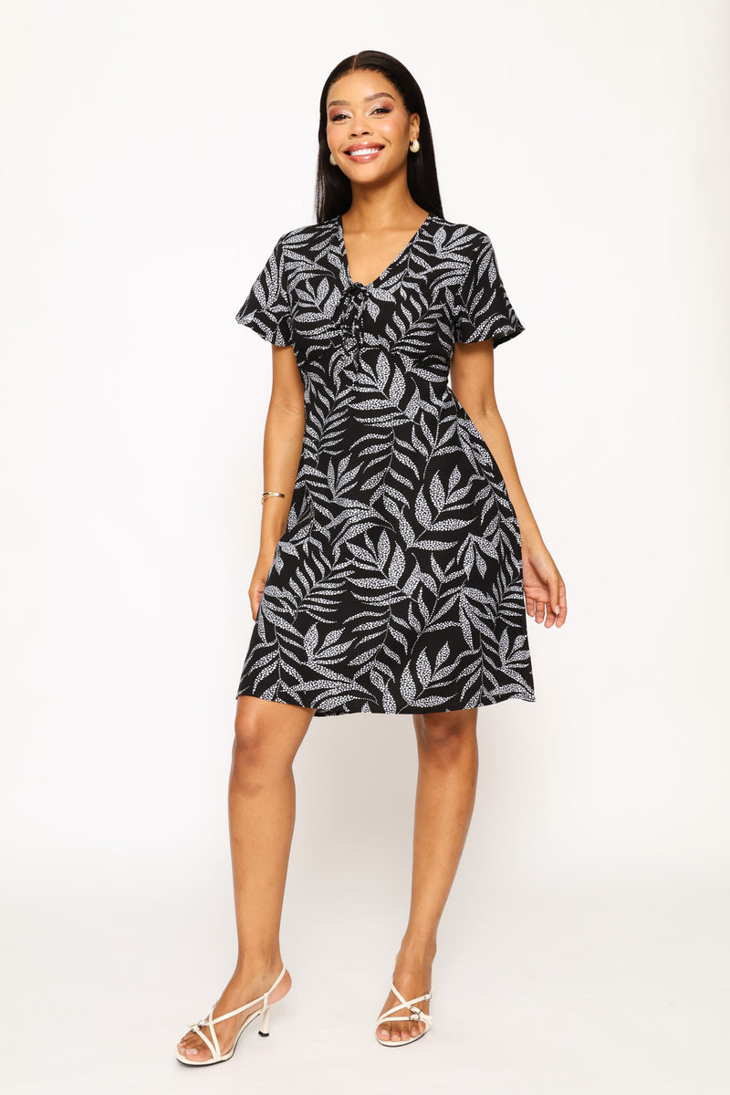 Flutter Sleeve V-Neck Flare Mini Dress - Black/White