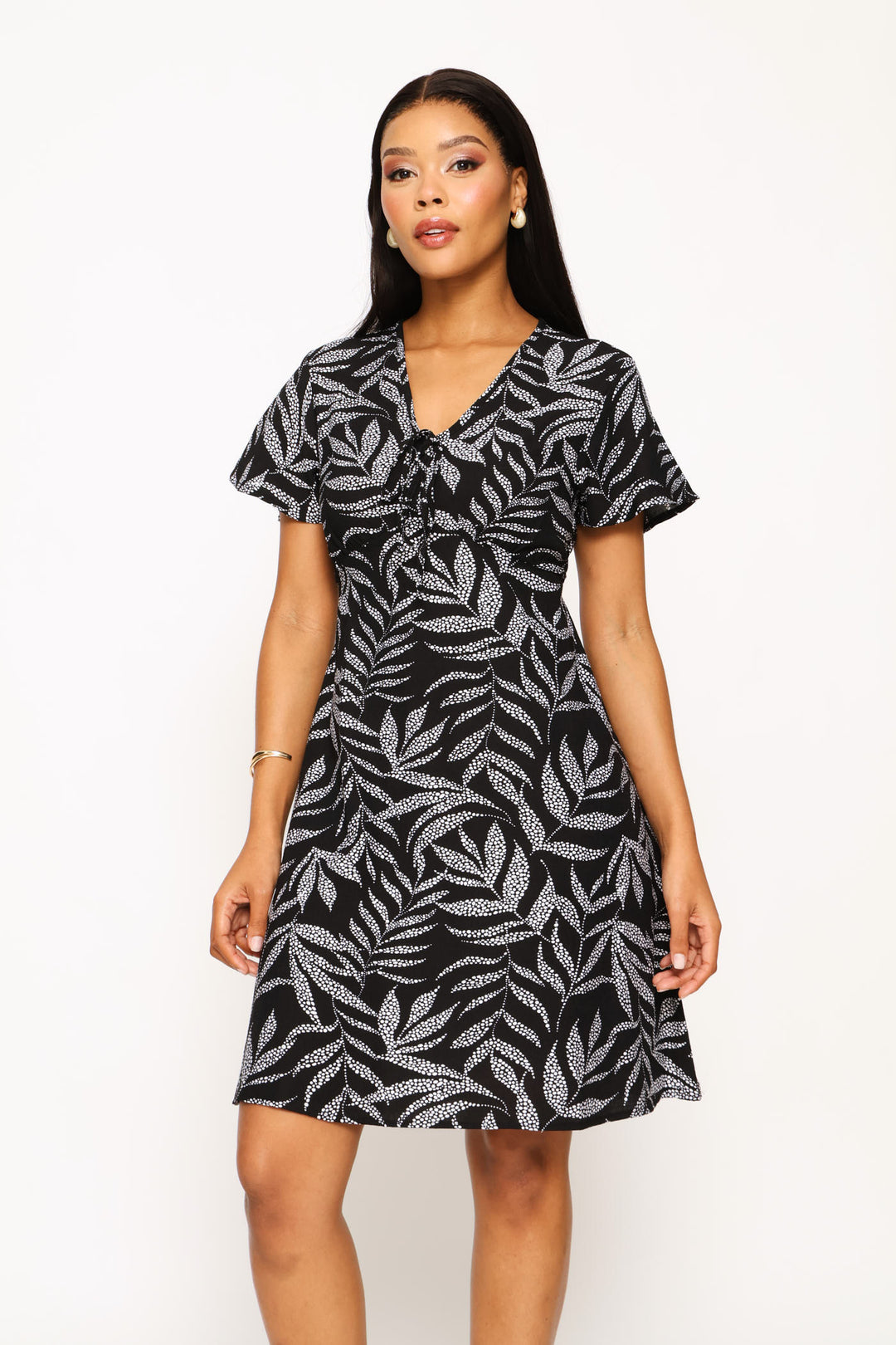 Flutter Sleeve V-Neck Flare Mini Dress - Black/White