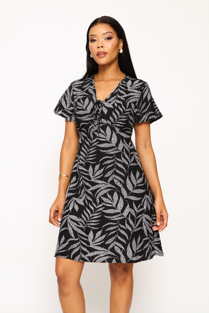 Flutter Sleeve V-Neck Flare Mini Dress - Black/White