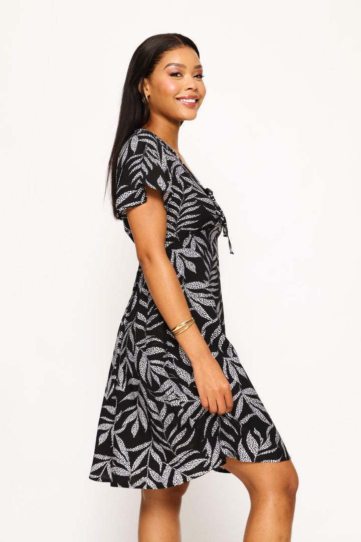 Flutter Sleeve V-Neck Flare Mini Dress - Black/White