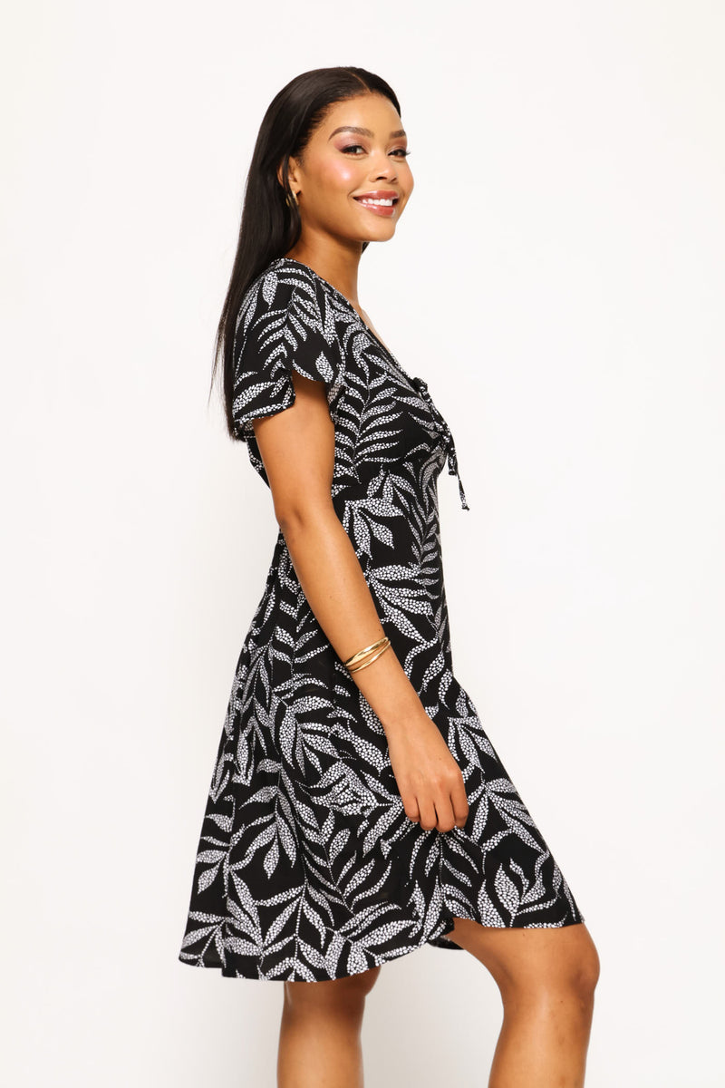Flutter Sleeve V-Neck Flare Mini Dress - Black/White