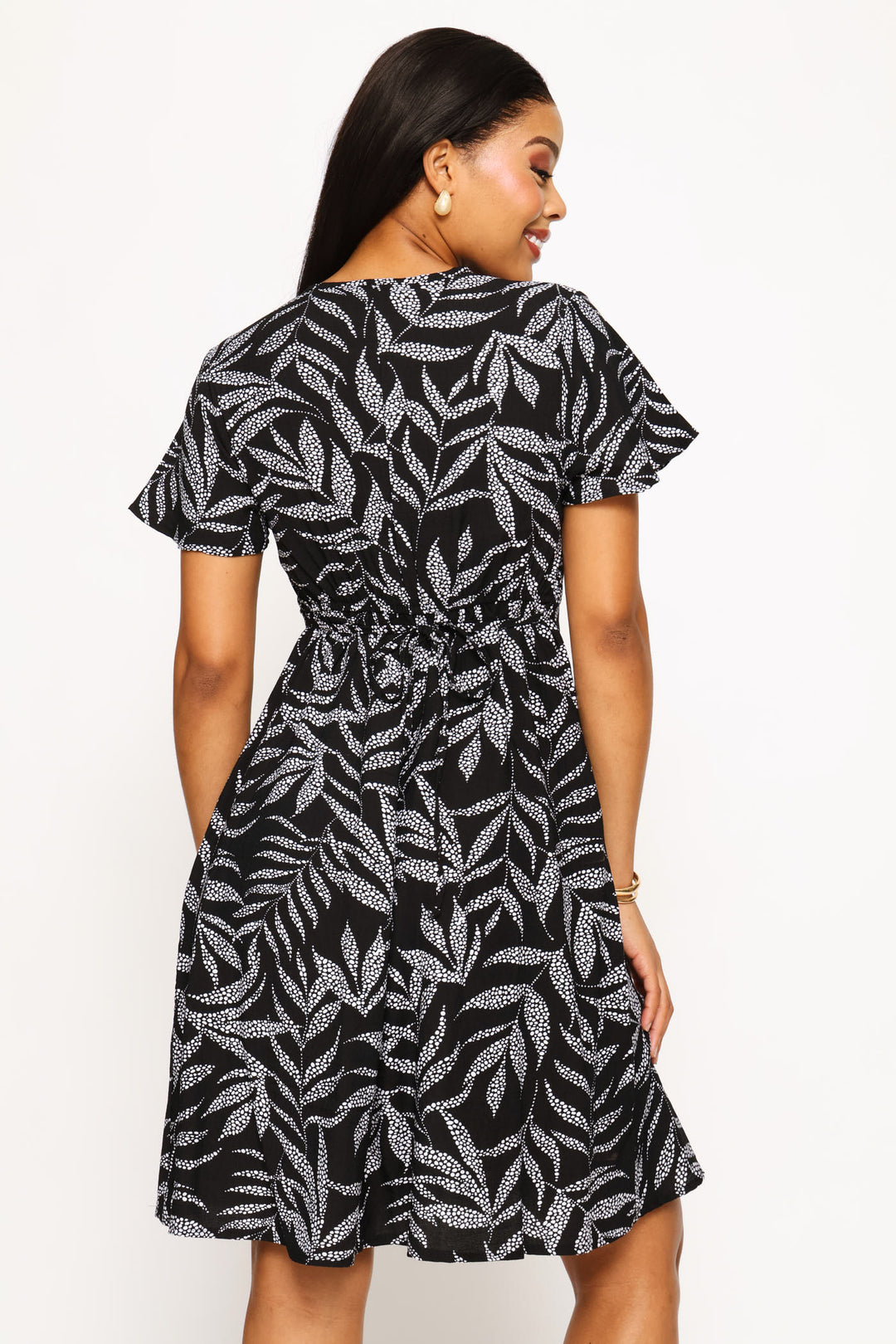 Flutter Sleeve V-Neck Flare Mini Dress - Black/White