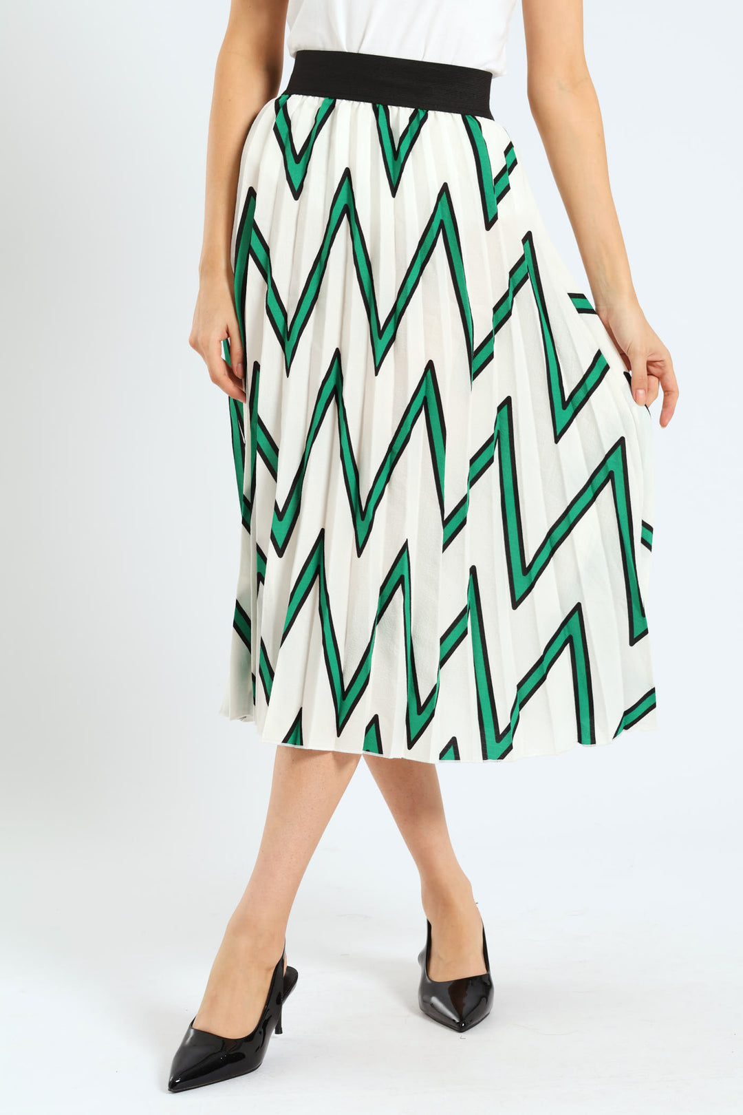 Rib Waistband Printed Pleated Midi Skirt - White/Green
