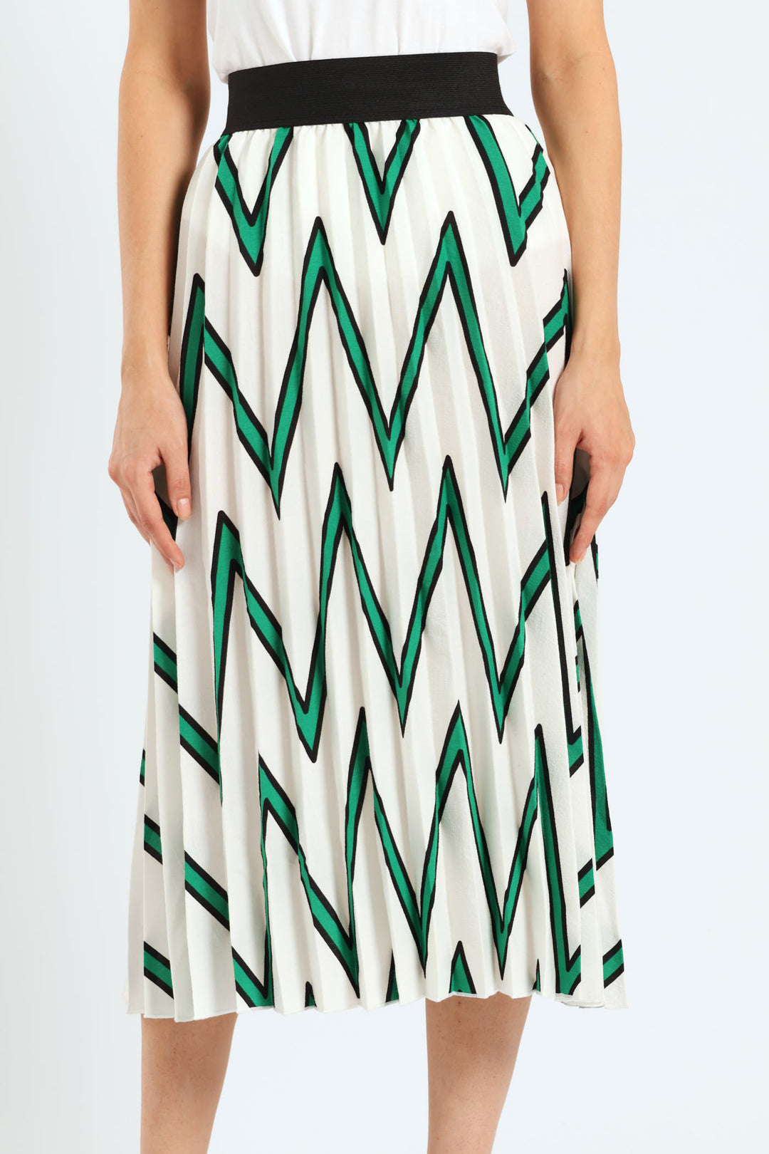 Rib Waistband Printed Pleated Midi Skirt - White/Green