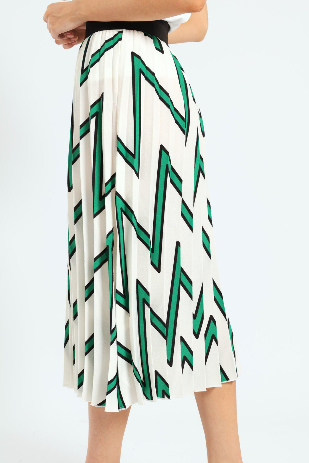 Rib Waistband Printed Pleated Midi Skirt - White/Green
