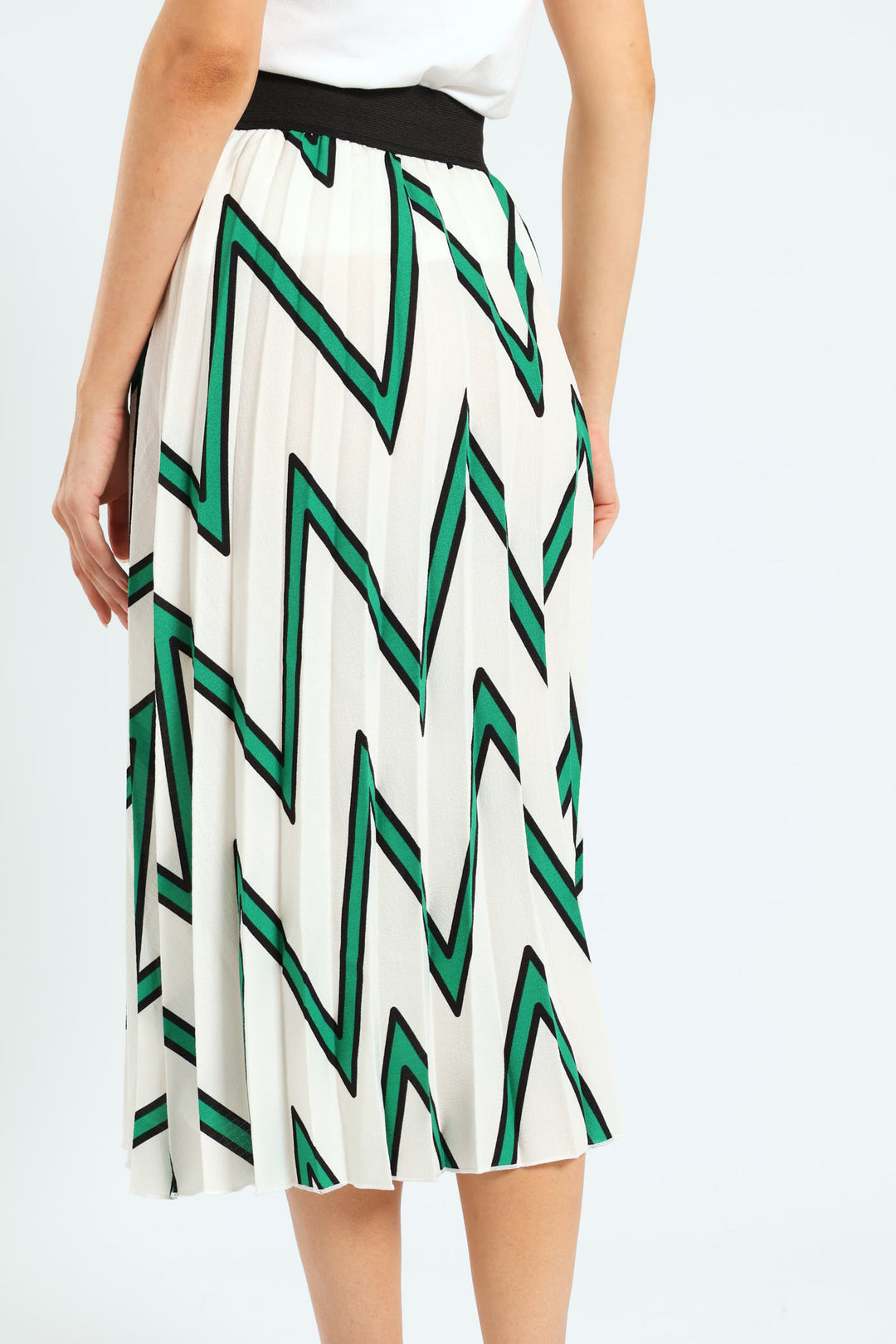 Rib Waistband Printed Pleated Midi Skirt - White/Green