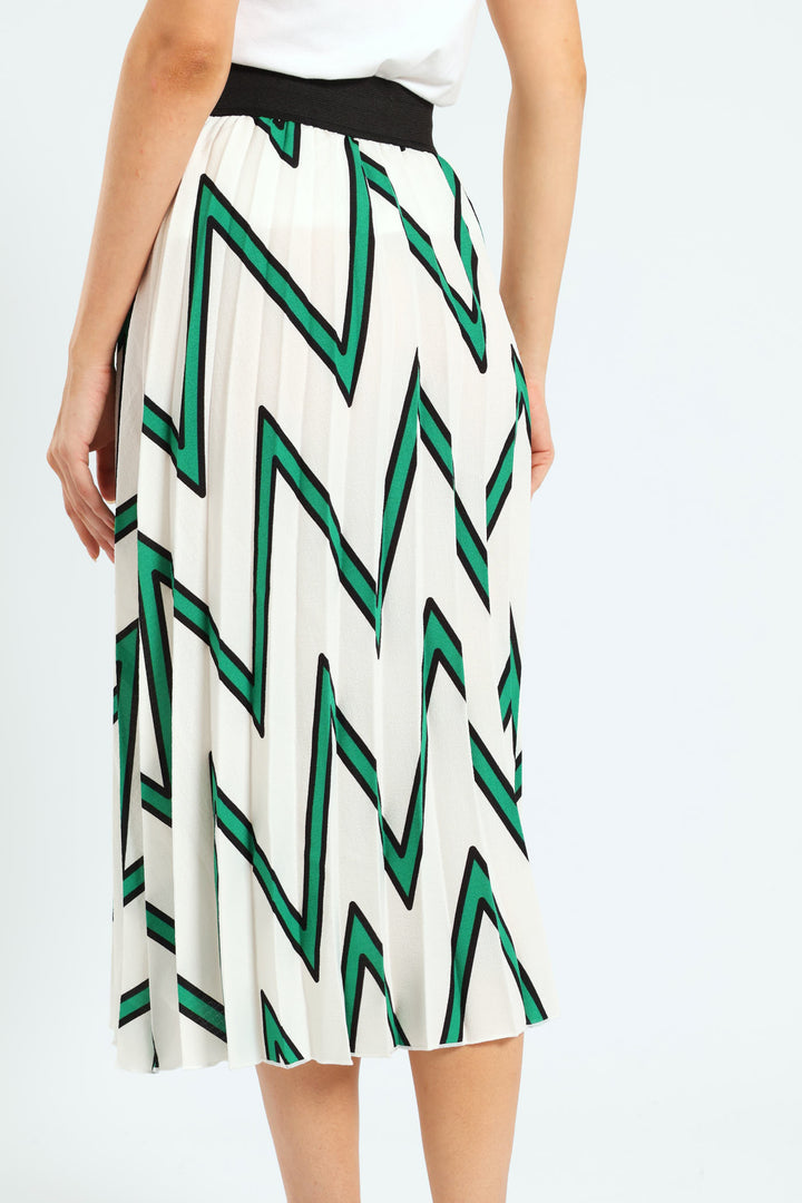 Rib Waistband Printed Pleated Midi Skirt - White/Green