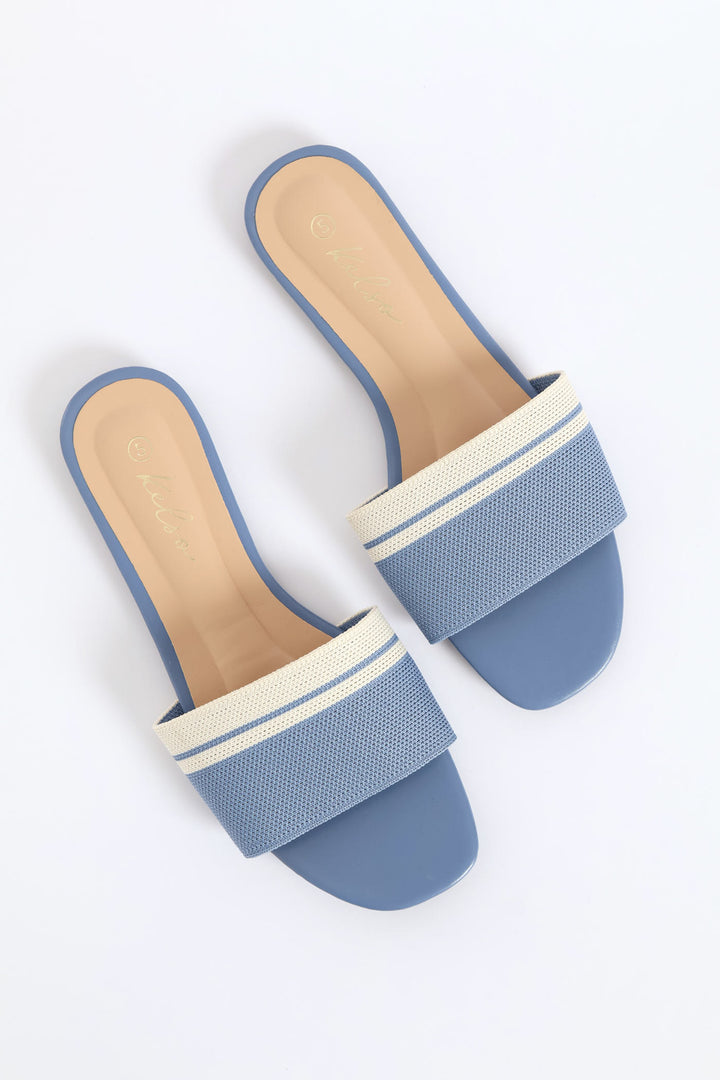 Ribbed Single Band Mule Sandal - Blue/Cream