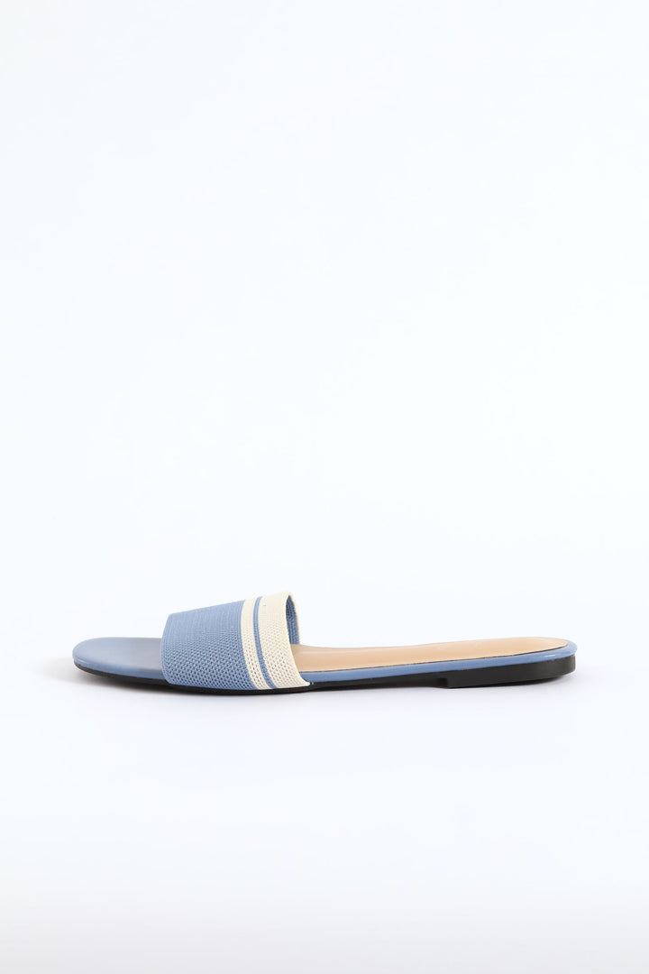 Ribbed Single Band Mule Sandal - Blue/Cream