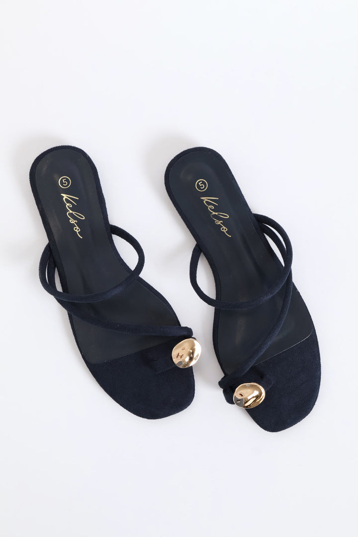 Metal Circle Trim Basic Toe Post Mule Sandal - Navy