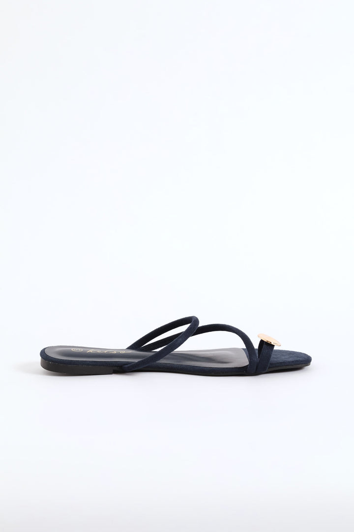 Metal Circle Trim Basic Toe Post Mule Sandal - Navy