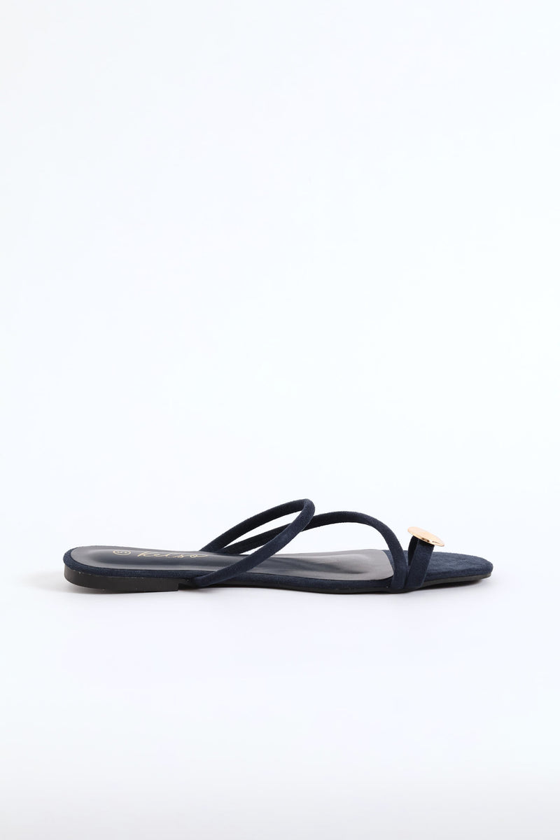 Metal Circle Trim Basic Toe Post Mule Sandal - Navy