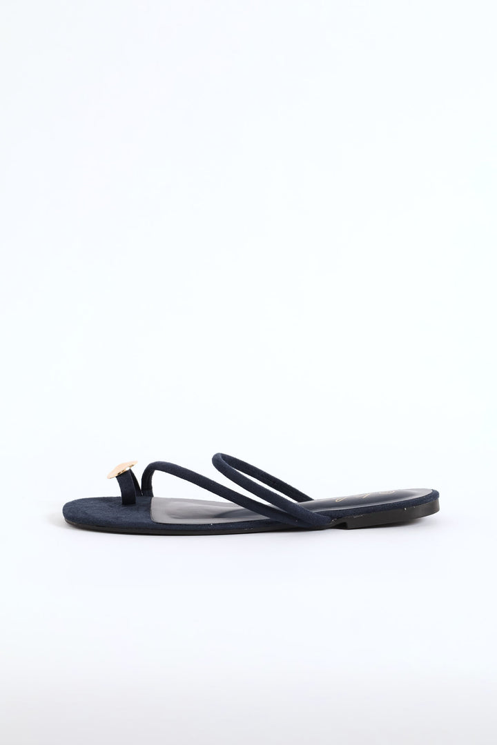 Metal Circle Trim Basic Toe Post Mule Sandal - Navy