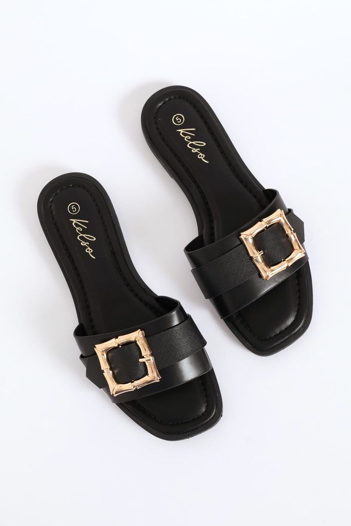 Bamboo Buckle Detail Single Band Sandal - Black