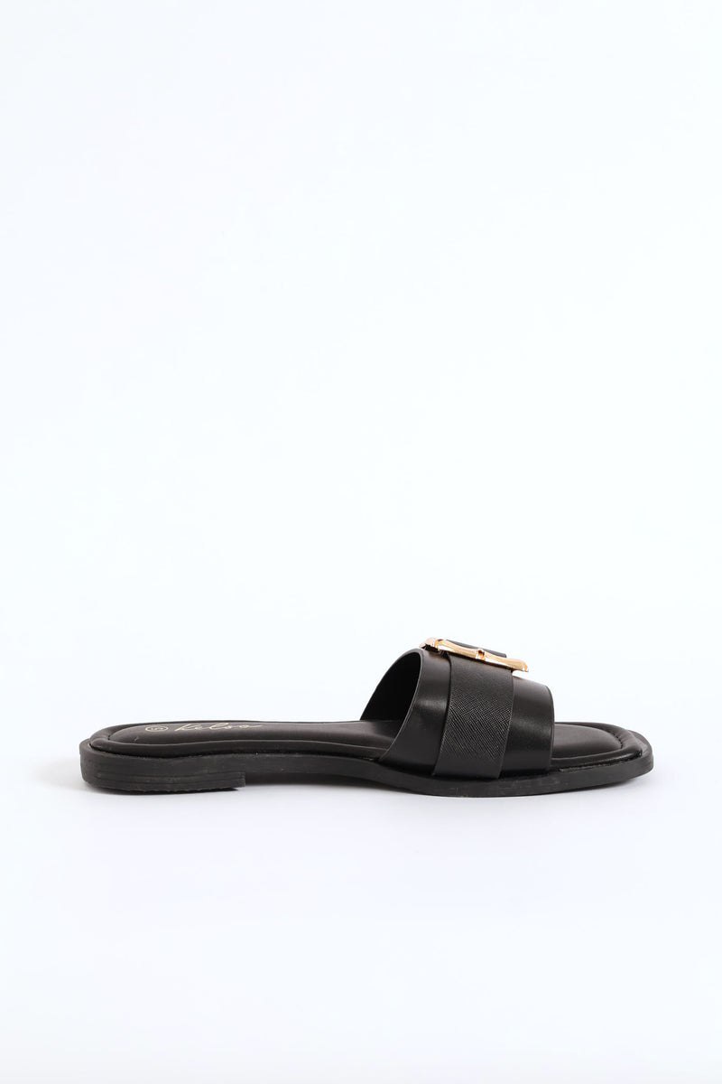 Bamboo Buckle Detail Single Band Sandal - Black