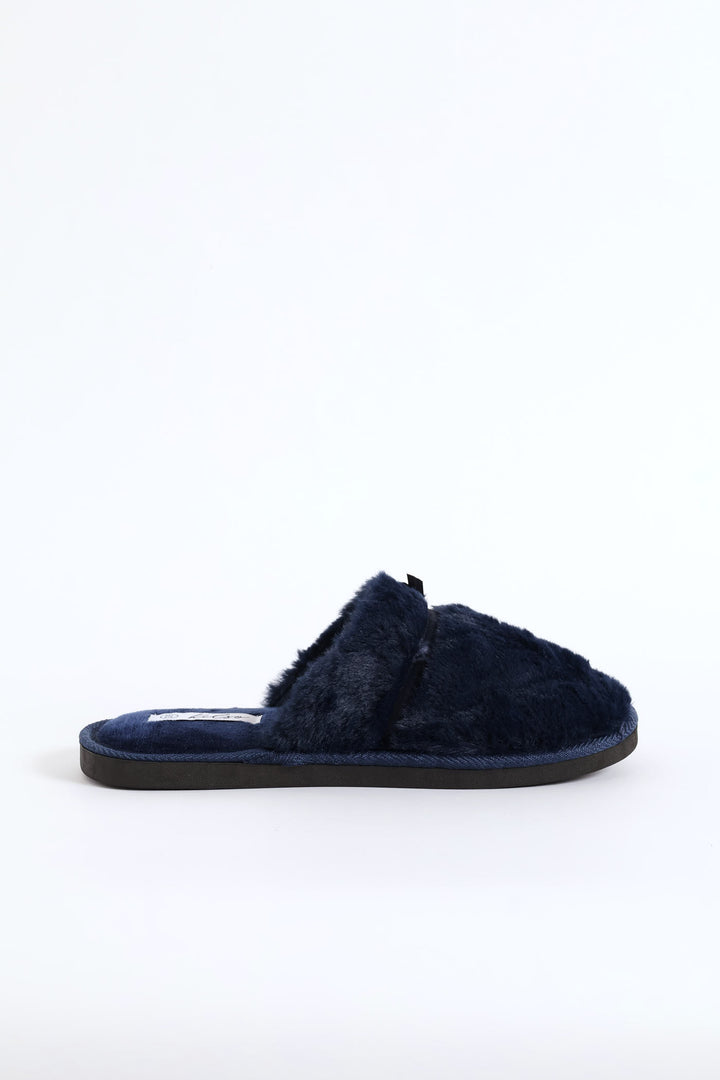 Satin Bow Detail Closed Toe Slipper - Navy