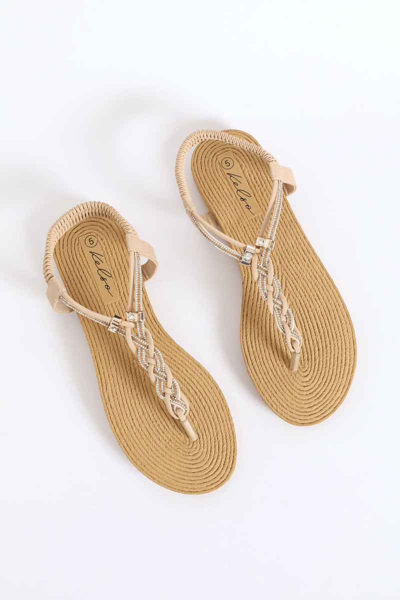 Diamante Plaited Slingback Thong Sandal - Stone