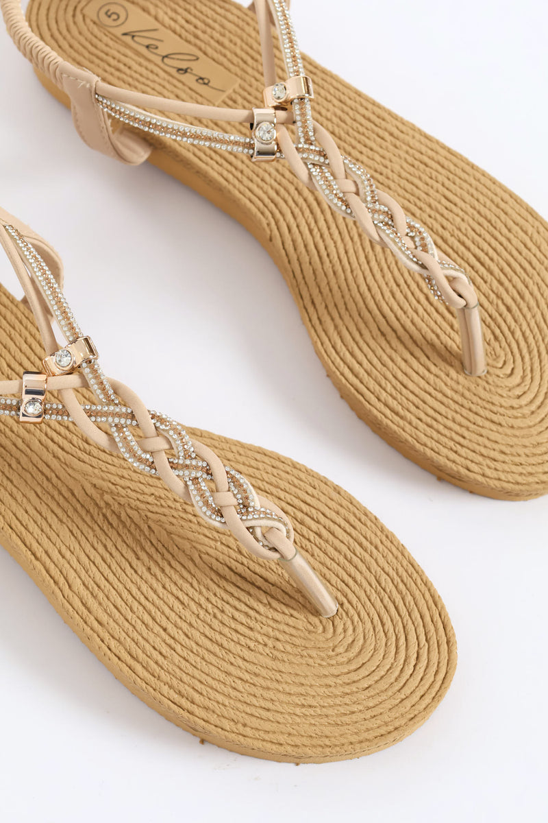Diamante Plaited Slingback Thong Sandal - Stone