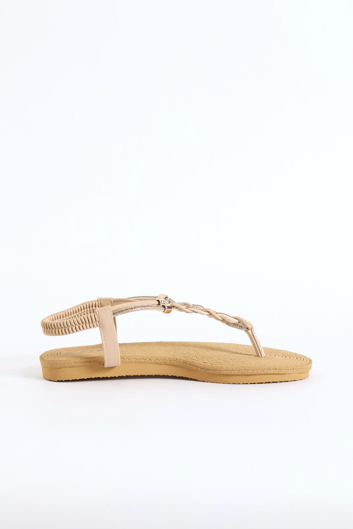 Diamante Plaited Slingback Thong Sandal - Stone