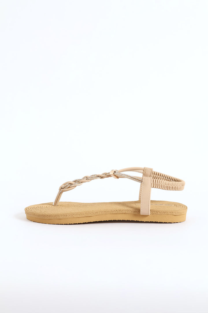 Diamante Plaited Slingback Thong Sandal - Stone