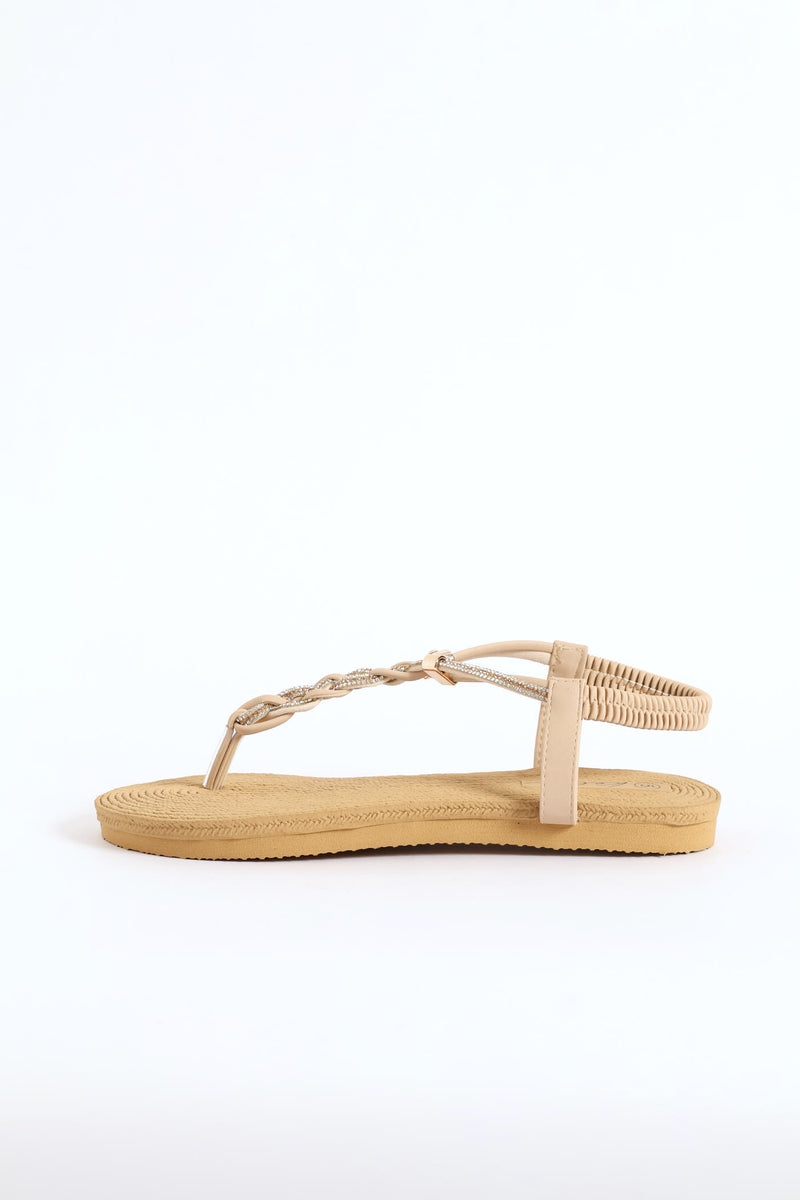 Diamante Plaited Slingback Thong Sandal - Stone