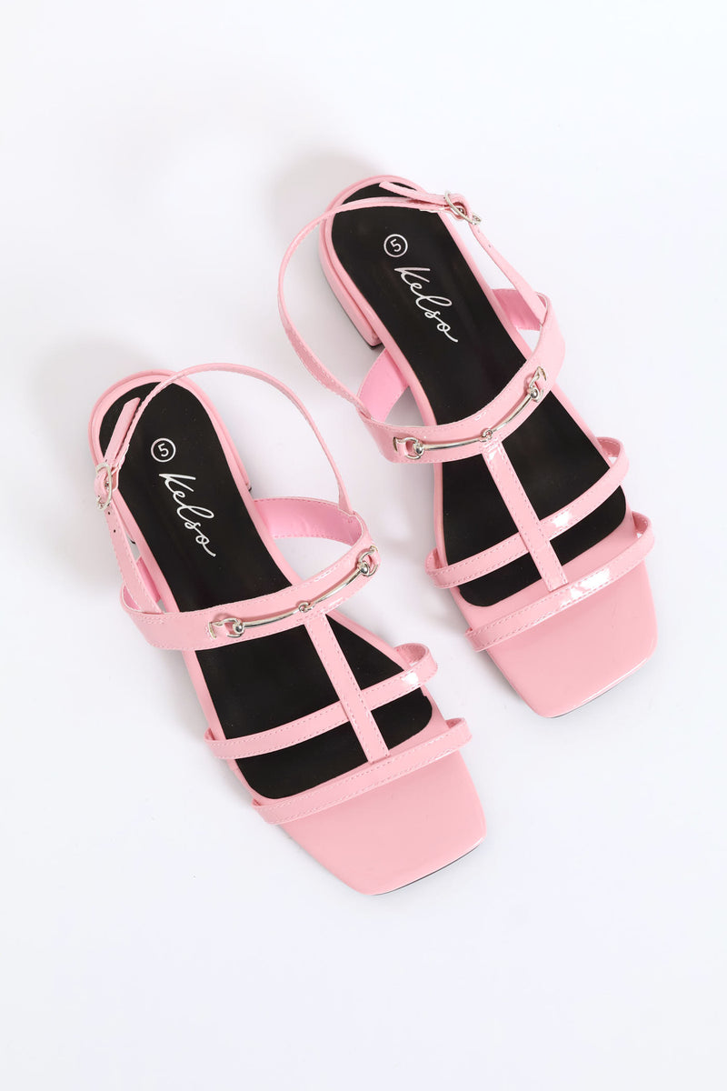 Metal Bar Thin Strap T-Bar Sandal - Light Pink