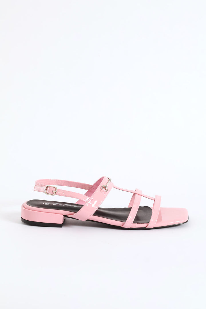 Metal Bar Thin Strap T-Bar Sandal - Light Pink