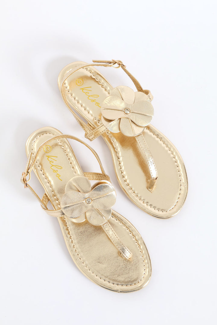 Flower Detail T-Bar Thong Sandal - Gold