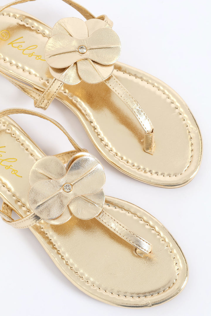 Flower Detail T-Bar Thong Sandal - Gold