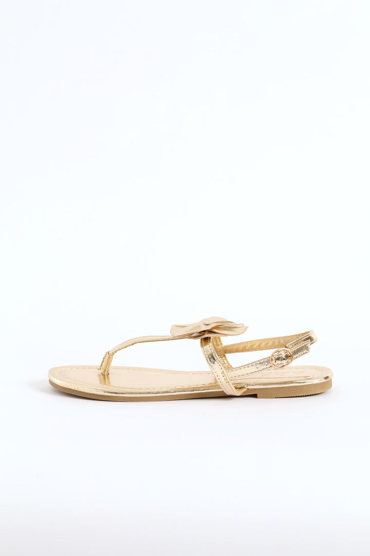 Flower Detail T-Bar Thong Sandal - Gold