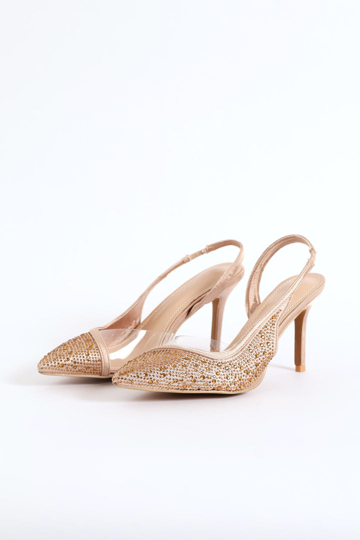 Vinyl Asymmetrical Side Diamante Mule Heel - Gold