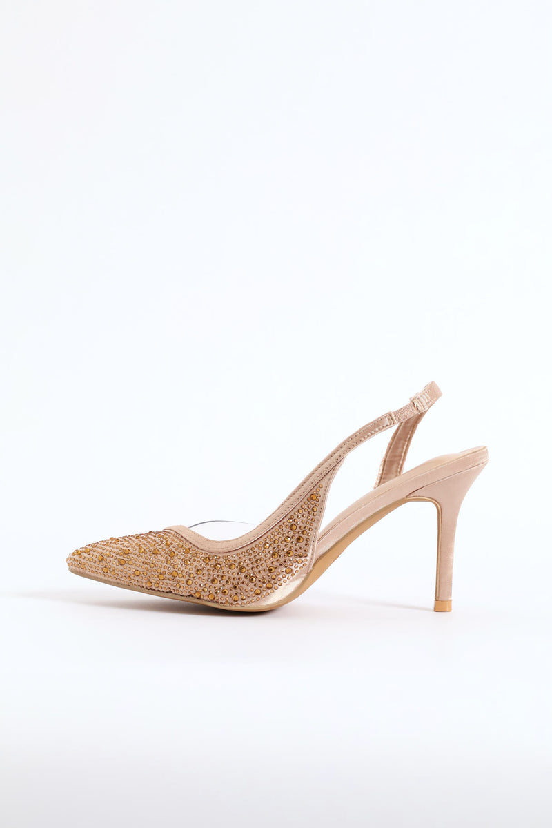 Vinyl Asymmetrical Side Diamante Mule Heel - Gold