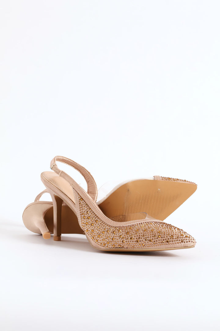 Vinyl Asymmetrical Side Diamante Mule Heel - Gold