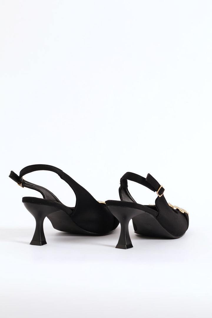 Diamante Trim Slingback Kitten Heel - Black