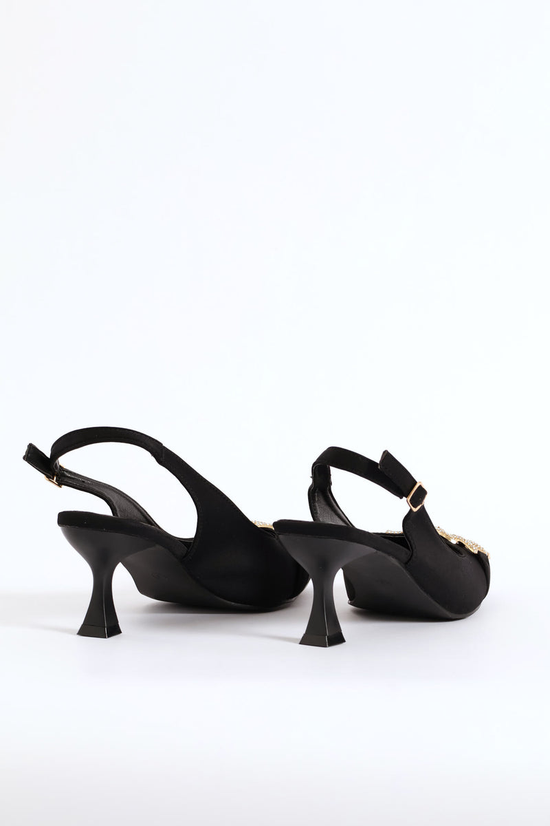 Diamante Trim Slingback Kitten Heel - Black