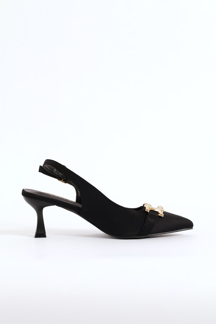 Diamante Trim Slingback Kitten Heel - Black