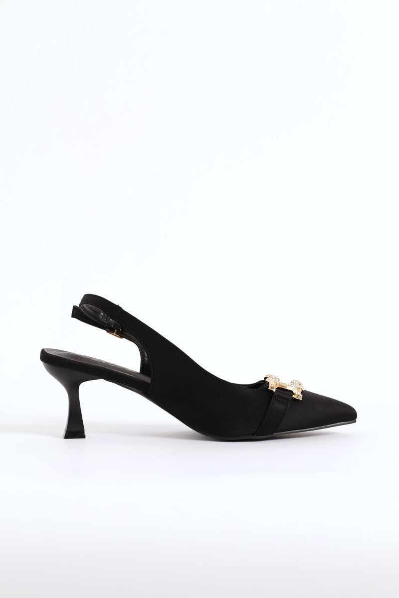 Diamante Trim Slingback Kitten Heel - Black