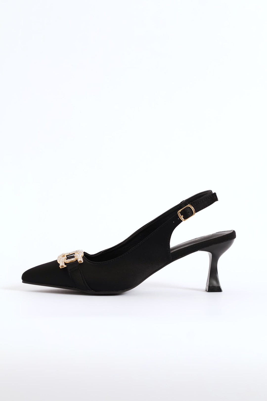 Diamante Trim Slingback Kitten Heel - Black