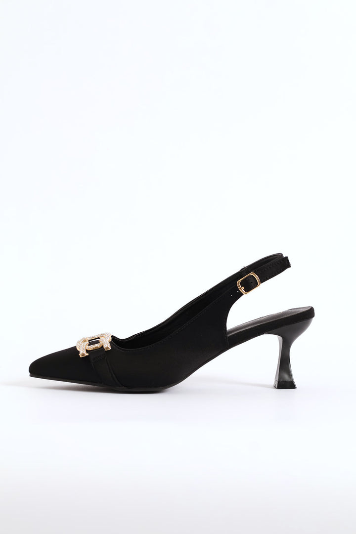 Diamante Trim Slingback Kitten Heel - Black