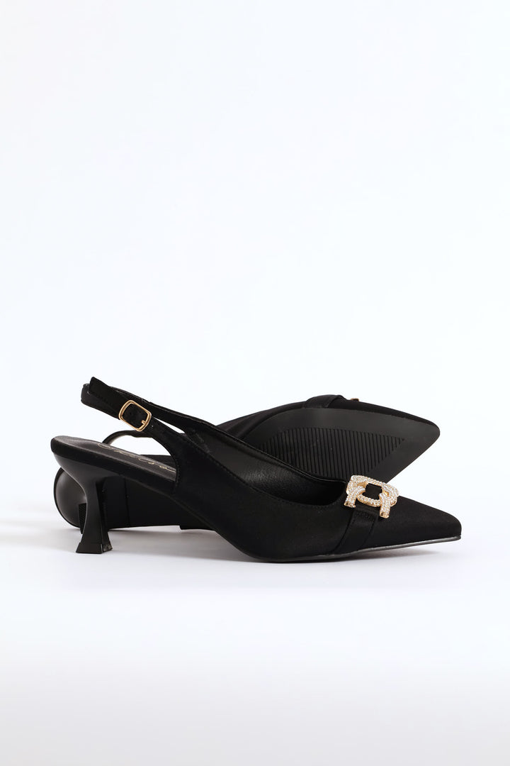 Diamante Trim Slingback Kitten Heel - Black