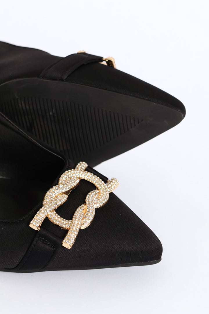 Diamante Trim Slingback Kitten Heel - Black