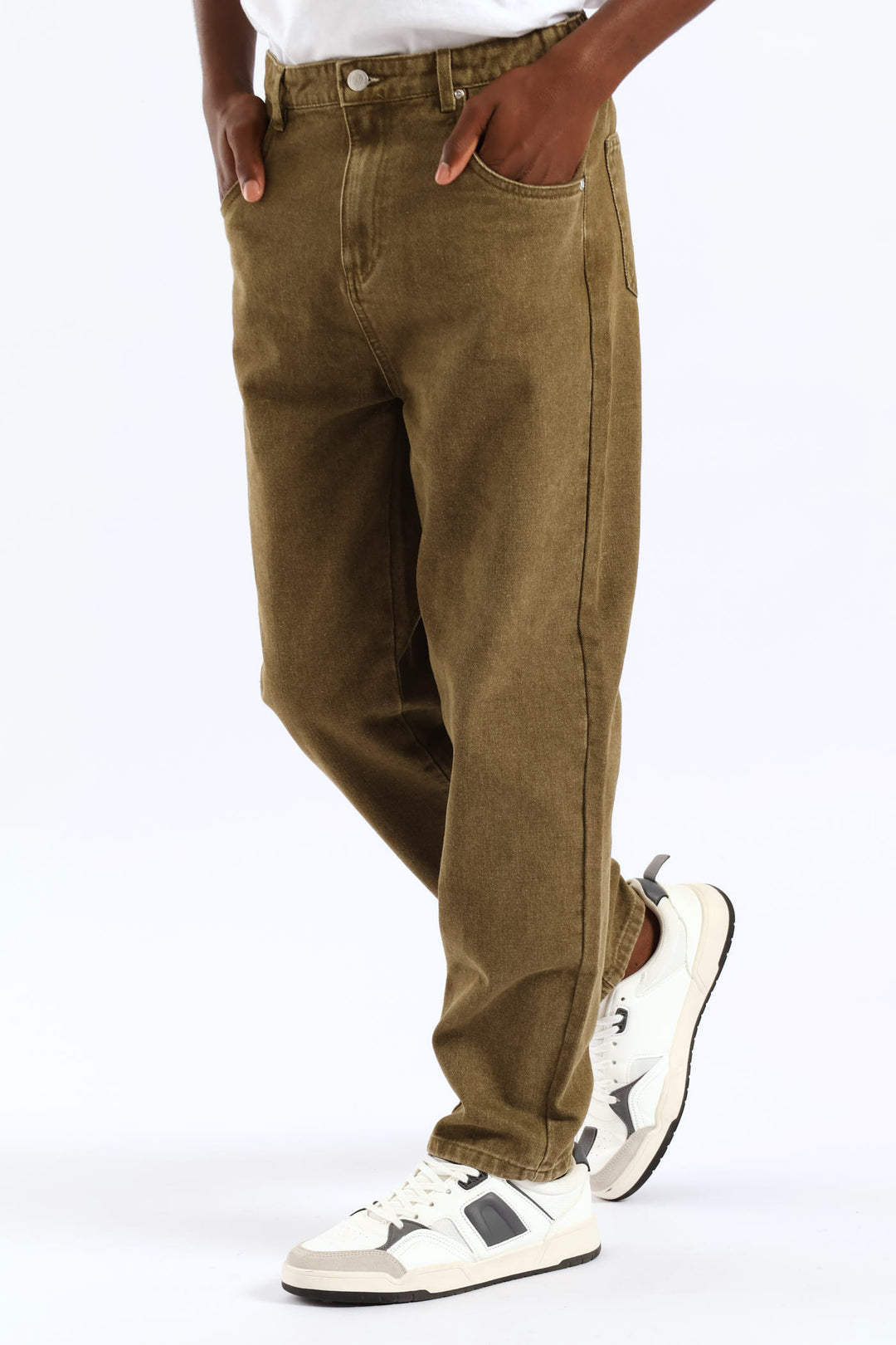 Boys Washed Bull Denim Loose Pant - Olive