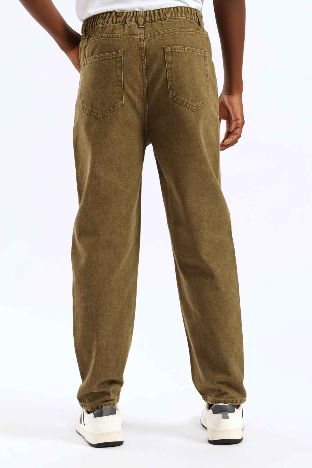 Boys Washed Bull Denim Loose Pant - Olive